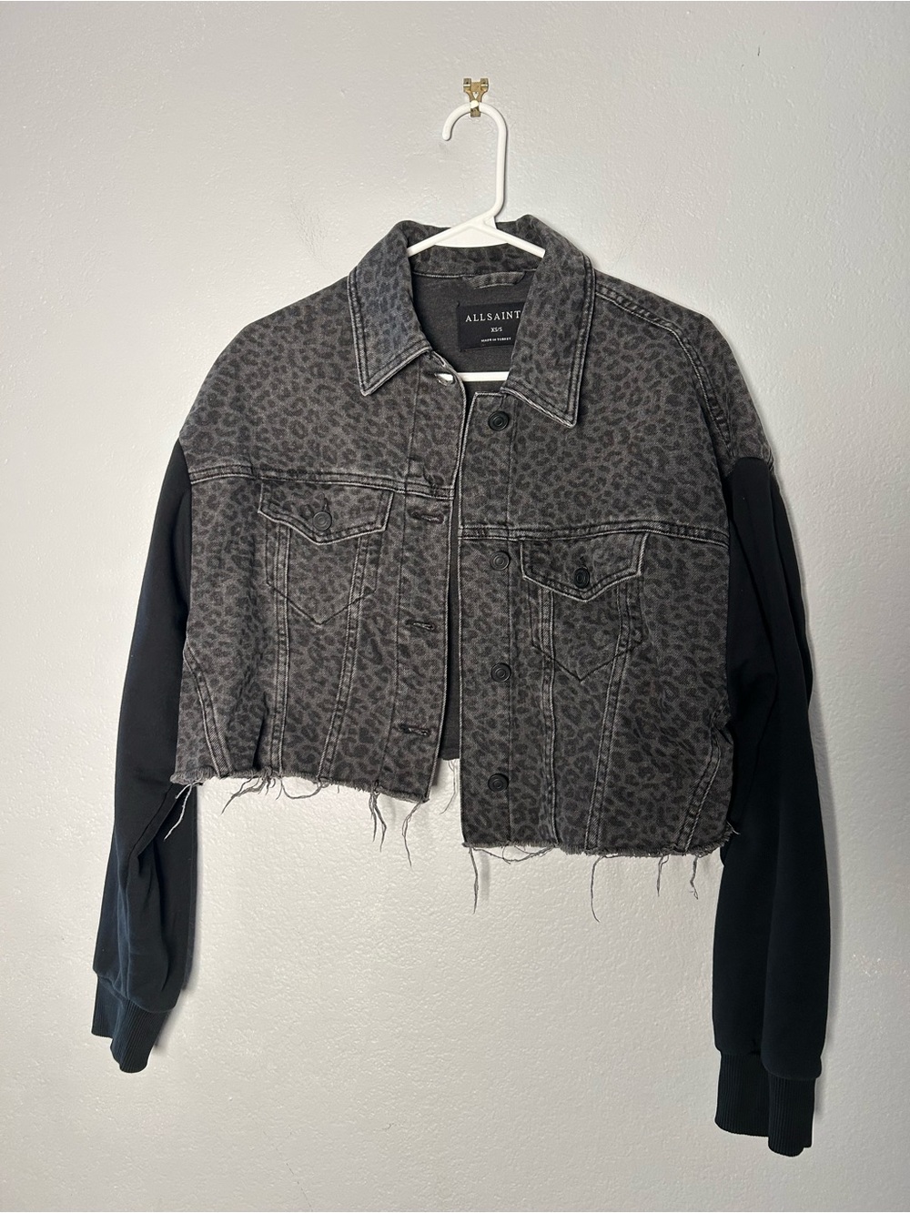 All Saints Gray Black Leopard Print Ander Cropped Denim Jacket with Knit Sleeves - Picture 10 of 10